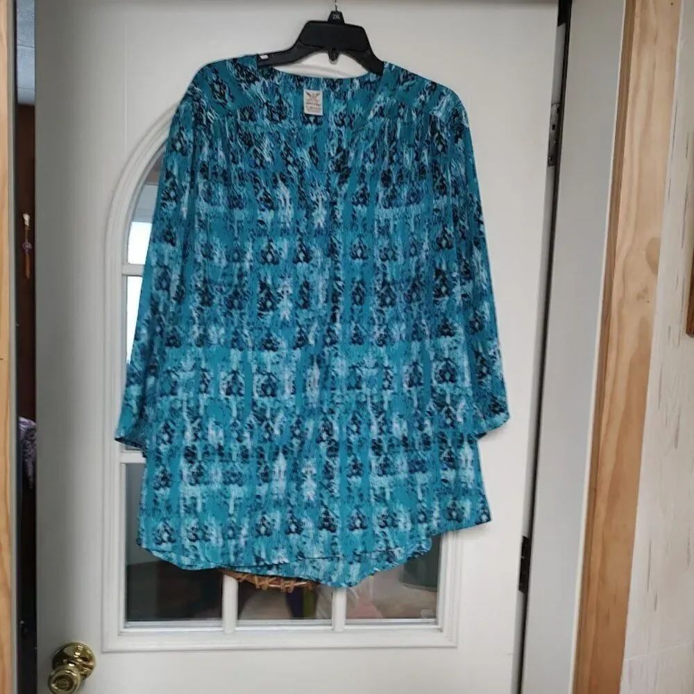 Faded Glory Blue Designed 3/4 Sleeve Blouse Size Women's 3X 22W/24W